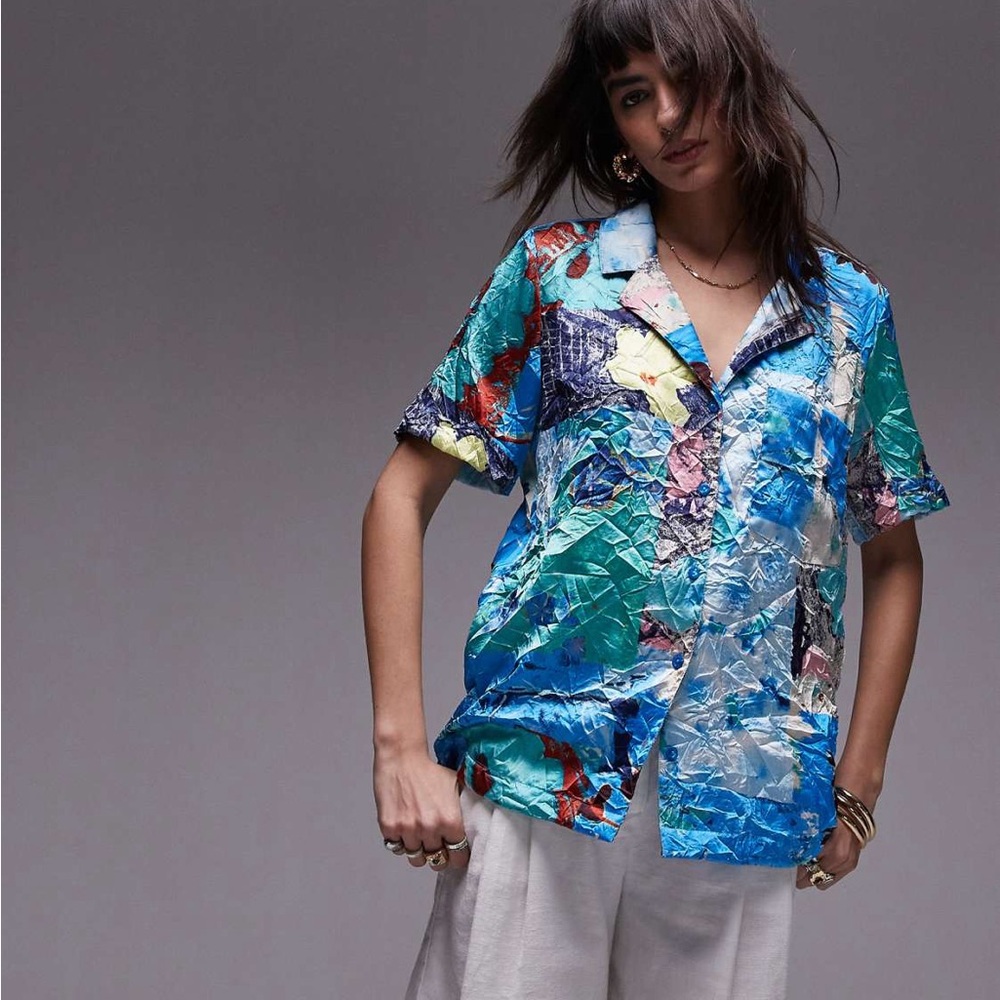 Topshop Floral Crinkle Button Down Shirt Blue Multicolor UK 10 / US 6